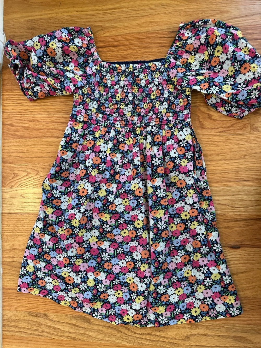 GAP Navy Floral Smocked Puff-Sleeve Dress with Multicolor Flowers